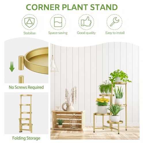 Image of iDavosic.ly 5 Tier Large Plant Stand Indoor, 10 Inch Wide Tall Corner Metal Plant Stands Outdoor for Multiple Plants, Folding Tiered Flower Display Holder Rack Shelf, Gold