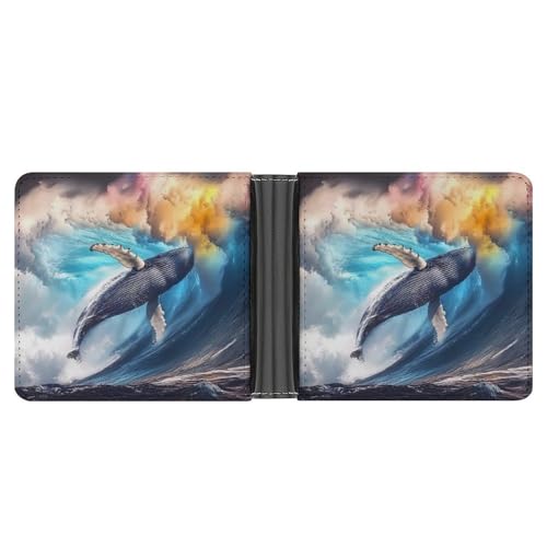 Surging Waves Whale Bifold Wallet for Men Women PU Leather Slim Purse Pocket Wallet with Card Holder