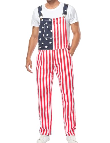 Yuanbang American Flag Overalls Pants Adjustable Straps Mens Red White And Blue Jean Coveralls 4th Of July Romper(Flag,L)