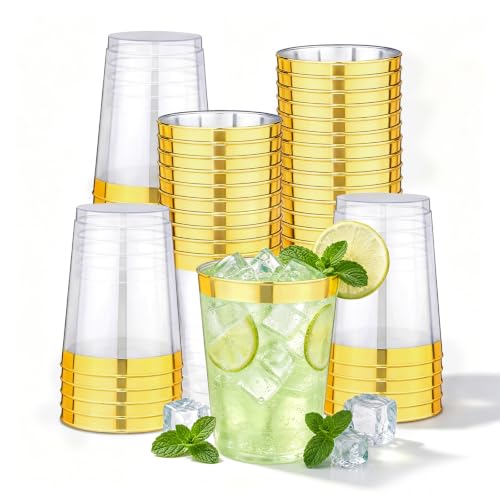 Image of 50 Pack Gold Plastic Cups, 10 OZ Clear Plastic Cups Gold Rimmed