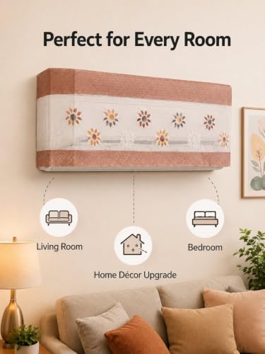 Image of Premium Cotton Net Split AC Cover for 1.5 Ton Indoor Unit | Designer Summer AC Dust Protection Cover | Stylish Protective AC Cover | 38 x 15.35 x 7.8 In | Brown Flower