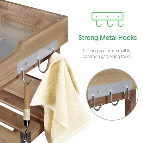 Yaheetech Outdoor Garden Potting Bench Table, Wooden Horticulture Planting Worstation w/Metal Tabletop/Storage Shelf/3 Hooks, Brown