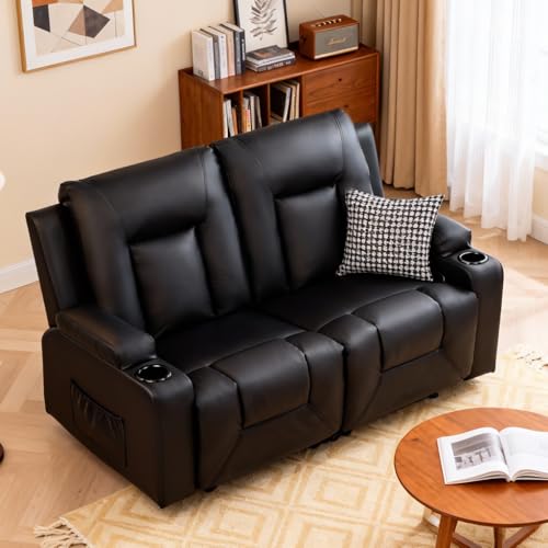 Image of COMHOMA Living Room Furniture Set,Faux Leather Manual Recliner Sofa Sets with Cup Holders,Reclining Couch,Loveseat and Armchair,2,Black