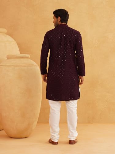 Image of SOJANYA Men's Coffee Brown Cotton Blend Kurta with Intricate Embroidery & Subtle Sequin Work