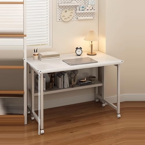 Esspoxi Escritorio oficina plegable, escritorio ordenador en forma L con esquinas redondeadas y ruedas giratorias 360 ​​grados, mesa gaming para espacios pequeños, dormitorio y oficina(Storage style,4