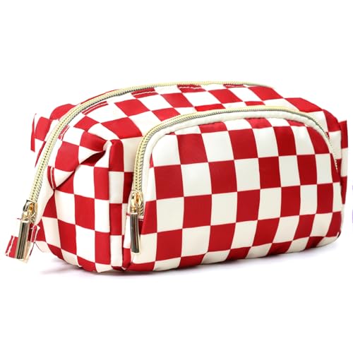 GEHORDEN Checkered Travel Makeup Bag Organizer Toiletry Bag Small Makeup Bag for Purse Cosmetic Bag With Compartments for Women Girls(Red)