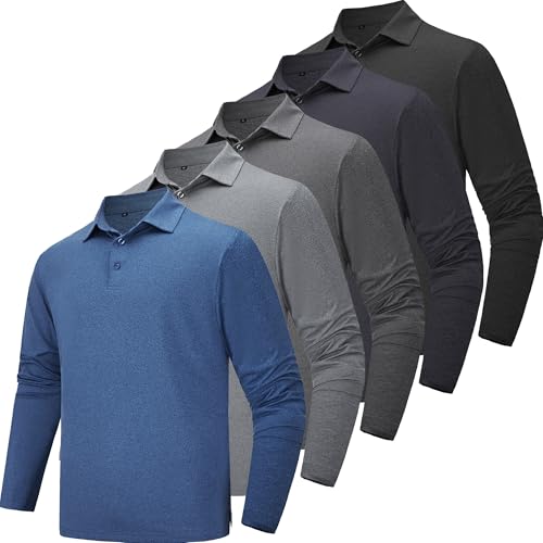 TVKSOM 5 Pack Polo Shirts for Men Long Sleeve Quick Dry Mens Polo Shirts Golf T Shirt Moisture...