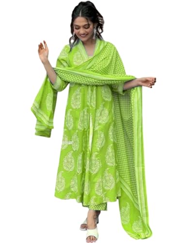 Image of PARTHVI Women's Rayon Blend Anarkali Printed Kurta with Pant & Dupatta & Dupatta