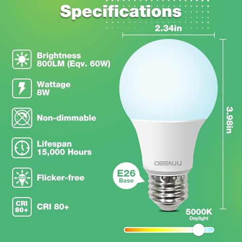 Image of DEGNJU A19 LED Light Bulbs, 60 Watt Equivalent LED Bulbs, Daylight 5000K, 800 Lumens, E26 Standard Base, Non-Dimmable, 8W Warm White LED Bulbs for Bedroom Living Room,6 Pack