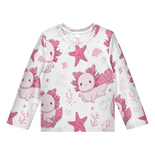 Cute Axolotl Pink Kawaii Boys Rash Guard Long Sleeve UPF 50+ Boys Swim Shirt Quick Dry Shirt for 3-12 Years