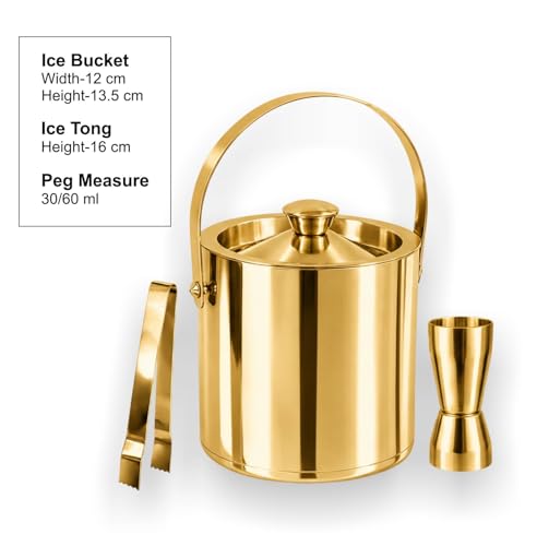 Image of finality Premium Stainless Steel Ice Bucket with Tongs and Jigger - 1 Litre Double Walled Insulated Ice Box for Bar, Home & Parties (Gold Mirror IB + Tong + Jigger)