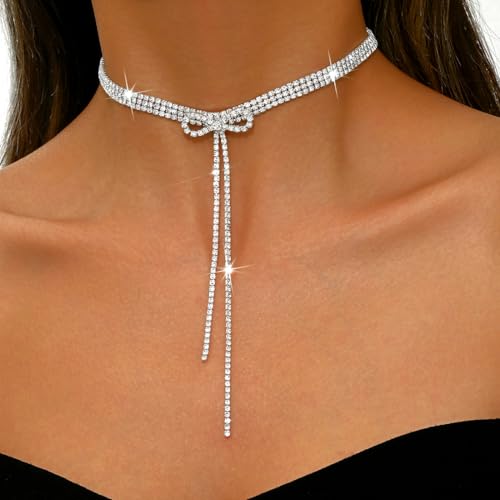Rhinestone Bowknot Choker Necklace for Women Crystal Long Tassel Clavicle Chain Necklace Cubic Zirconia Bow Knot Jewelry for Women Gifts2