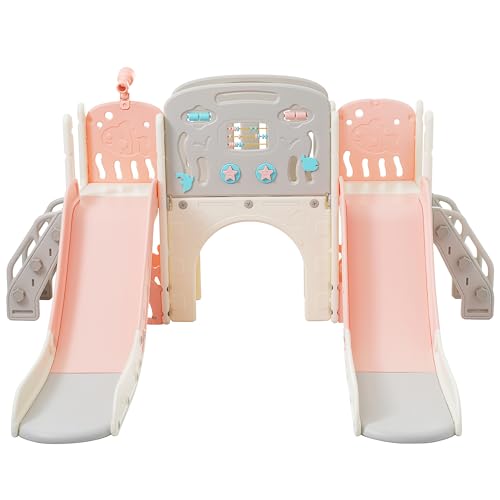 8-in-1 Spielplatz-Set im Antik-Grau mit Meeresmotiv | Doppelte Rutschbahnen + Klettergerüst + Basketballkorb + Teleskop | Freistehendes Spielset für Innen- und Außenbereich (Baby Rosa)