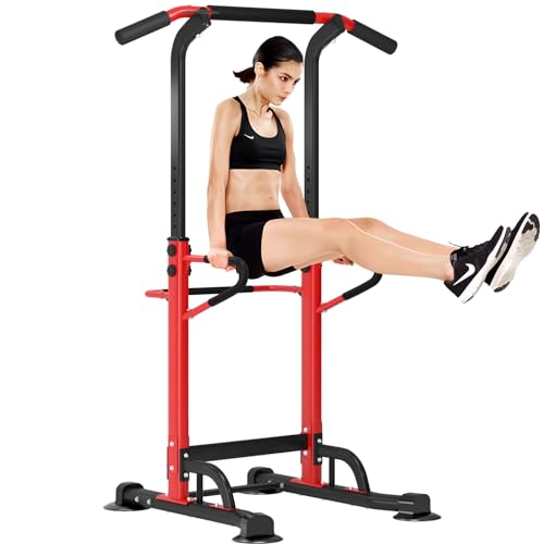 SDHYL Power Tower Kraftstation Klimmzugstange Dip Station Höhe Verstellbar Schlingentraining Bauchtrainer Rückentrainer Für Anfänger, Rot/Schwarz