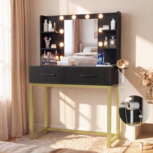Image of YESHOMY 31.5'' Small Vanity Desk with LED Mirror and Lights, Black