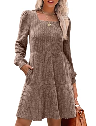 Image of Sampeel Womens Square Neck Long Sleeve Fall Dresses Casual Babydoll Sweater Dress