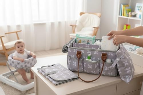Moteph Diaper Caddy Organizer - Baby Caddy with Lid & Changing Mat, Car Diaper Caddy, Large Nursery Storage Diaper Tote Basket for Changing Table with Zip-Top Cover, Great for Baby Showers - Grey - Image 5