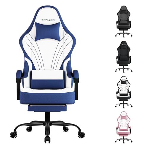 Silla Gaming Ergonómica Escritorio, para Videojuegos u Oficina, Silla Gamer con Cojín Lumbar & Reposacabeza, Regulable en Altura y reclinable, Tejidos Silla Cómoda con Reposapiés para Adultos(Azul) ﻿