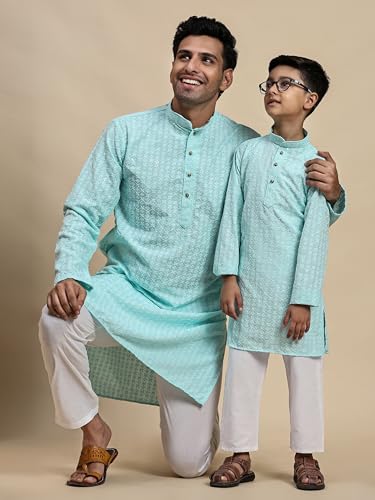 Image of Pro-Ethic Style Developer Men Silk Striped Father Son Matching Ethnic Wear Embroidery Mirror Work Kurta Pyjama Set |(Combo)B-117