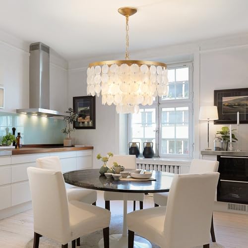 HLMRCHEN Shell Chandelier, White and Gold Chandelier Light Fixture with 4 Lights Capiz Seashell Pendant for Foyer,Kitchen Island,Entryway,Dining Room (18" Coastal Chandeliers) - Image 3