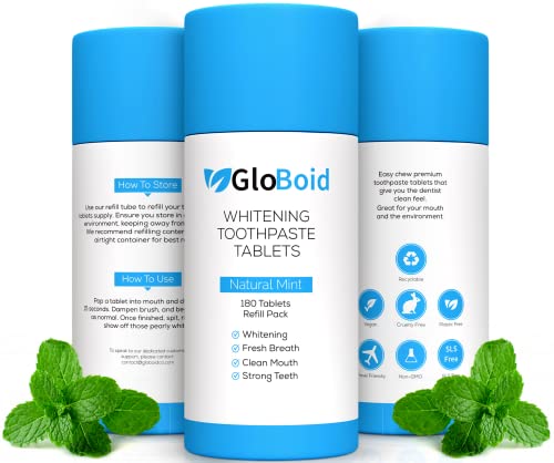 GloBoid Toothpaste Tablets with Fluoride 180pc Refill, Easy Bite Toothpaste Bits, Zero Waste, Eco Friendly & Plastic Free Toothpaste Tabs, Toothpaste Bites Perfect for Travel - Mint - 3 Month Supply