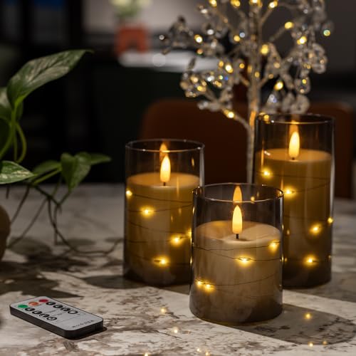 Image of Flickering Flameless Candles with Timer - Durable Acrylic Glass Shell, with Embedded Star String, Battery Operated Candles with Remote for Romantic Ambiance and Home Decoration (Set of 3, Grey)