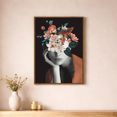 Image of Surreal Floral Woman Portrait Framed Canvas Painting For Living Room | Modern Botanical Abstract Face Wall Art For Livingroom Wall Decor, Home Decor, Bedroom, Hallway's, Office, Hotel - 43x58 cm