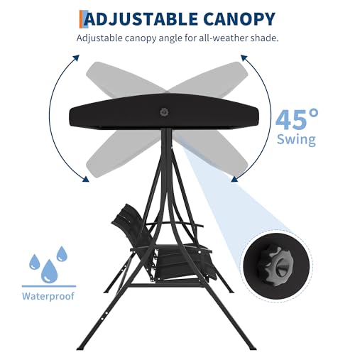 Image of GarveeLife 3-Seat Patio Swing Chair, Outdoor Porch Hanging Swings with Adjustable Canopy and Armrests, Breathable Textilene Fabric Seat & Backrest, Swing Bench for Garden, Poolside, Backyard, Black