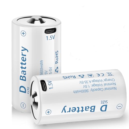 Rechargeable Lithium D Batteries with 4 in 1 USB-C Charging Cable,1.5V D Size Cell Battery 5600mWh for Flashlight (2 Pack)