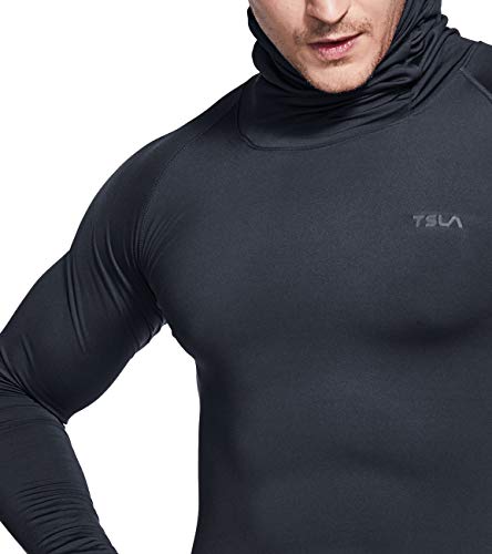 TSLA Men\'s Thermal Compression Shirts Hoodie with Mask, Long Sleeve Winter Sports Base Layer Top, Active Running Shirt, Heatlock Hoodie(yuh58) - Charcoal, XXX-Large