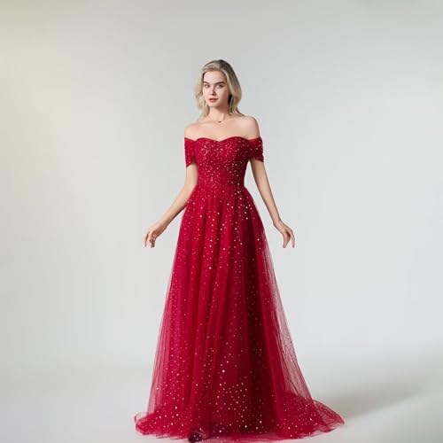 Sparkly Tulle Prom Dresses for Women Long Off Shoulder A-Line Formal Evening Party Gowns Masquerade Dresses4