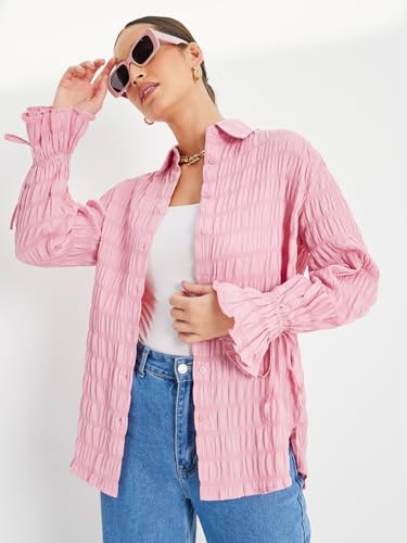 Image of Styli Women Oversized Long Length Textured Shirt | Stylish Casual Shirt for Women | Comfortable Tops | Perfect for Office, Travel & Daily Outfits
