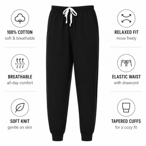Image of Essential Elements Womens 3 Pack 100% Cotton Joggers Lounge PJ Sweatpants | Soft Breathable Everyday Knit With an Elastic Waist and Tapered Fit, Cozy for Sleep, Workouts and Casual Wear