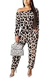 Women One Shoulder Jumpsuit - Casual Fall Long Sleeve Loose One Piece Pants Suit Set Club Outfit Leopard S