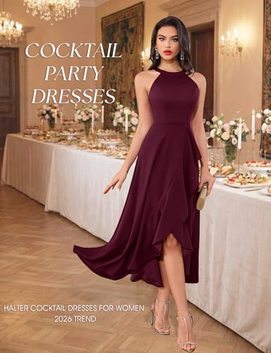 Image of Dressystar Womens 2026 Halter Slit Ruffle Wedding Guest Party Dress Elegant Maxi Long Sleeveless Formal Prom Cocktail Dresses