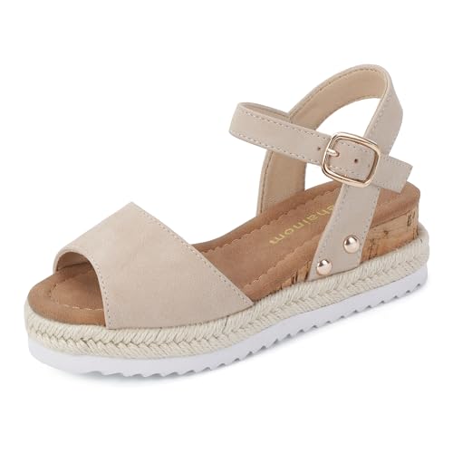 Hehainom Girls Wedge Sandals Platform Shoes Little Big Kid Nude Nubuck Summer Girls Heels Size 3 Dress Shoes