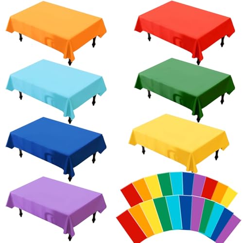 Image of G GENLEAS 21 Pack Assorted Color Rectangle Plastic Tablecloth Disposable Table Cloth for Birthday Wedding Fiesta Picnic Party Rainbow Party Decorations, 7 Color, 54x108 Inch