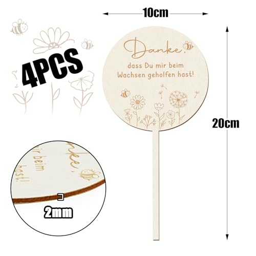 BOFUNX 4 Stücke Holz Blumenstecker Danke Dass Du Mir Beim Wachsen Geholfen Hast, Holzstecker Blumentopf Holzschild für Kita Kindergarten Abschiedsgeschenk Erzieherin Erzieher Danke Geschenk