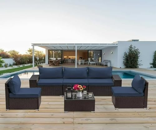 Image of 5 Seater Luxurious Look Without Compromising on Comfort or Durability | All-Season Rattan Furniture Set Designed to Withstand Rain, Sun, and Dust (Blue).