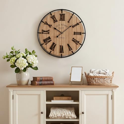 Image of EMAX HOME Inch Modern Farmhouse Wall Clock, Warm Wood-Tone Dial with Black Metal Outer Ring, Silent Non-Ticking Quartz Mechanism, Raised Roman Numerals for Bedroom, Nursery, or Living Room Wall Art