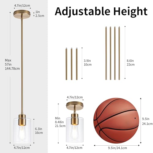 Image of MAYNA 3-Pack Brushed Brass Dining Room Light Fixtures, Modern Gold Pendant Lighting Over Island, Adjustable Rods Glass Chandelier for Kitchen Table (Bulbs Included)