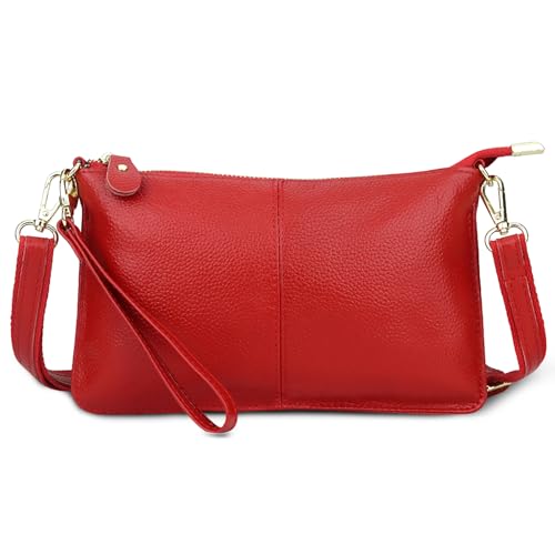 FORRICA Portefeuille Femmes Téléphone Sac à Bandoulièr Cuir Véritable Petit Bandoulière Pochette Dames Elegant Glissière Porte Monnaie Rouge