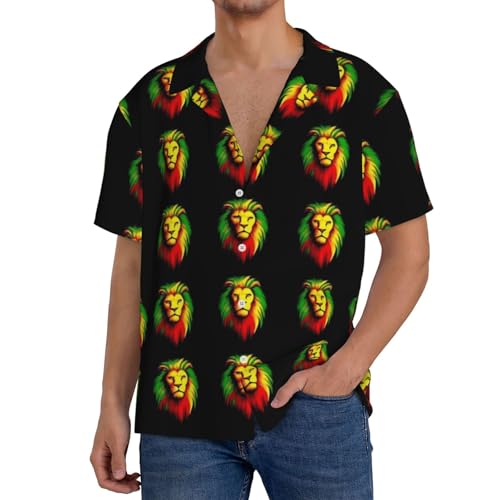 Men's Big & Tall Cuban Collar Shirt Jamaican Rasta Flag Rastafarian Reggae Lions, Loose Fit Camp Shirt, Essential for Festivals & Family Reunions