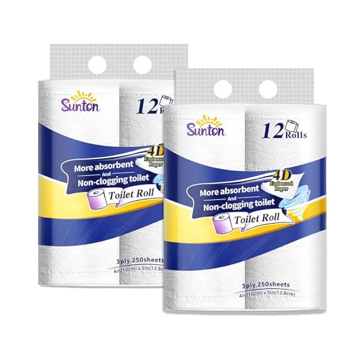 Sunton Fast Dissolve Toilet Paper,Ultra Soft&Strong Bath Tissue,3-Ply 24 Mega Rolls,No Clogging Toilet for RV,Camping,Marine,Septic Safe,Free of Fluorescent Agents for Sensitive Skin,Biodegradable