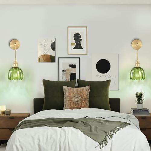 Image of Battery Operated Wall Sconces 3CCT Dimmable Wireless Sconces Set of 2, Vintage Light Fixture with Green Tulip Glass Lampshade Wall Decor Set of 2 for Bedroom Bedside Bathroom Hallway