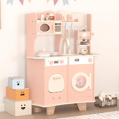 Play Kitchen for Kids Toddlers, Wooden Play Kitchen with Realistic Accessories, Toy Kitchen Set with Plenty of Play Features, Modern Style Toy Kitchen for Girls & Boys, Gift for Ages 3+, Pink Cover