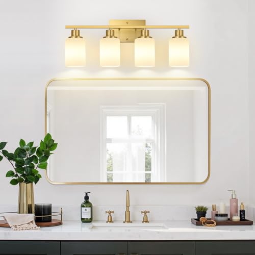 Image of Indoi 4-Light Bathroom Light Fixtures, Brushed Gold Modern Vanity Lights with Milky White Shades, Bathroom Wall Lamp for Mirror Living Room Cabinet Bedroom Porch