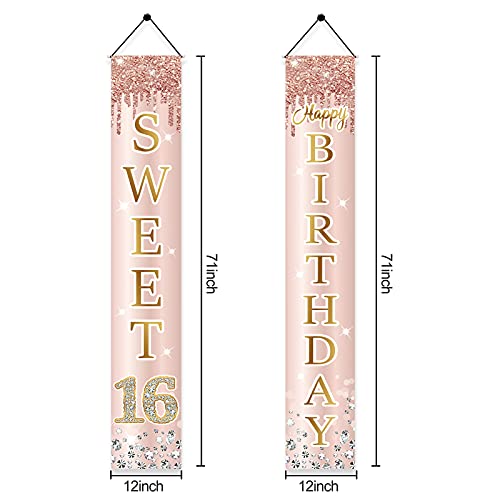 Image of Sweet 16th Birthday Door Banner Decorations for Girls, Pink Rose Gold Sweet 16th Birthday Backdrop Porch Sign Party Supplies, Happy Sweet Sixteen Year Old Birthday Decor for Outdoor Indoor