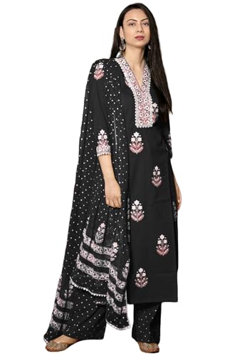 Image of GoSriKi Women's Cotton Blend Straight Hand Block Printed Kurta with Pant & Dupatta | Ethnic Wear for Women | Indian Casual Office Daily Summer Outfit