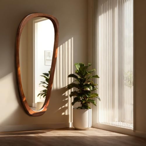 22‘’x48'' Asymmetrical Mirror with Wood Frame, Small Irregular Wa...